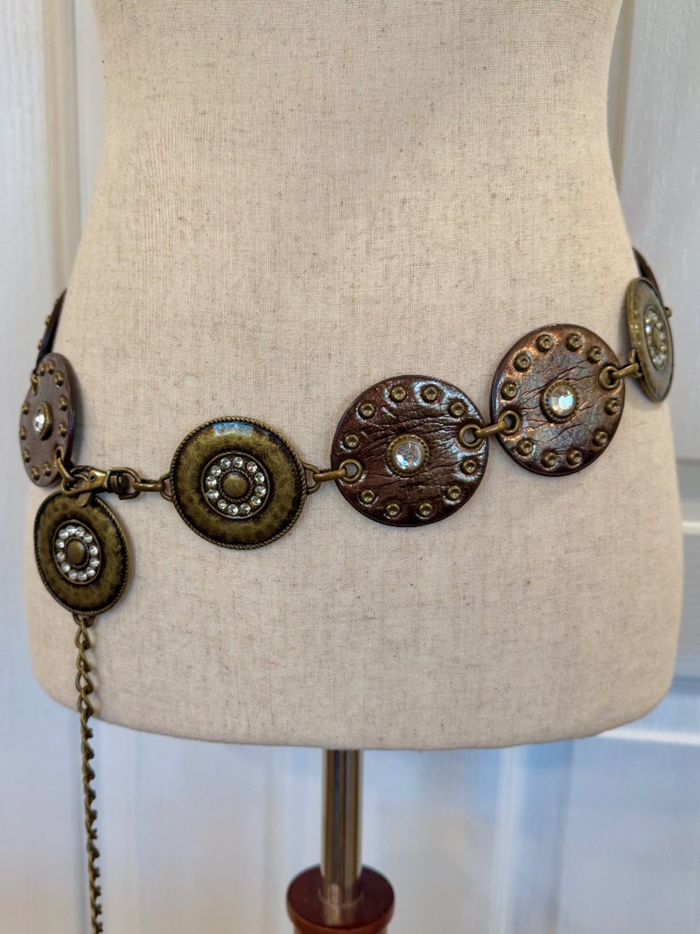 Vintage, Rare Bohemian Chain Belt, Rhinestones & Leather Metallic Disks